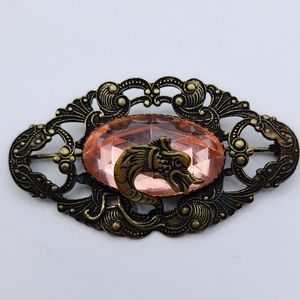 Antique  Victorian Brass Serpent Dragon Pink Glass Brooch Pin-Estate